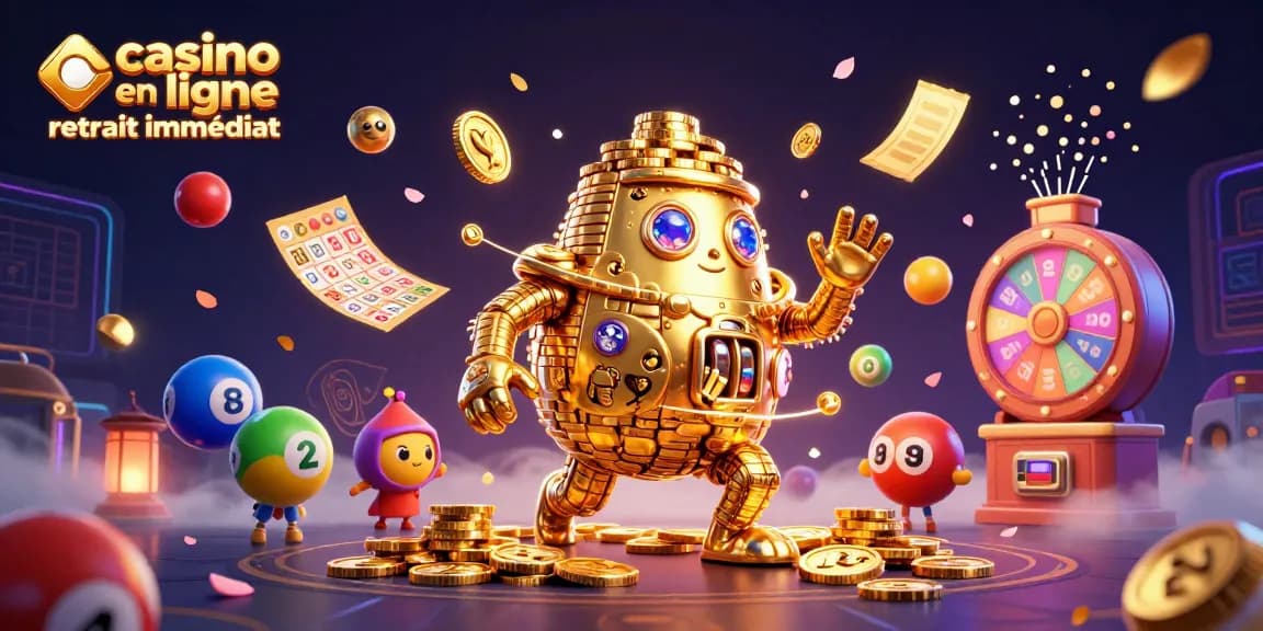 Visualisez le monde des jeux de casino en ligne retrait immédiat avec un golem en or et des éléments de jeu vibrants.