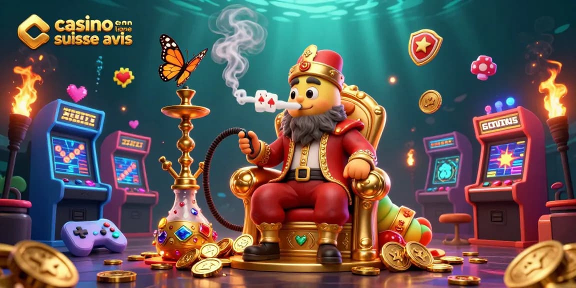 Illustration dynamique de casino en ligne suisse avis mettant en avant une scène ludique avec des personnages colorés.