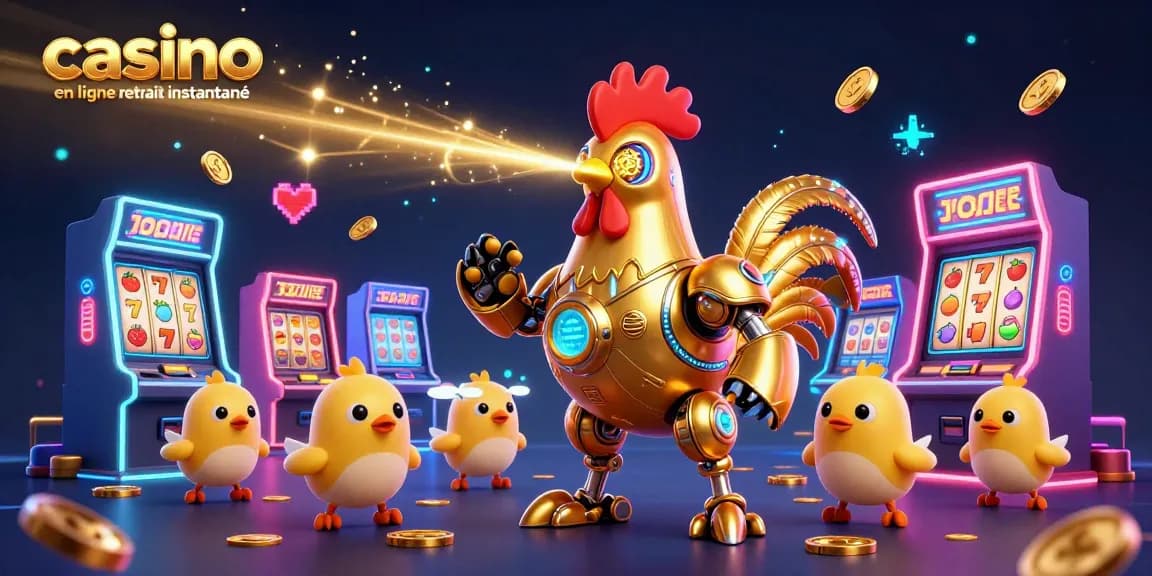 Le "casino en ligne retrait instantané" est mis en avant par un robot coq doré futuriste et des machines à sous dynamiques.