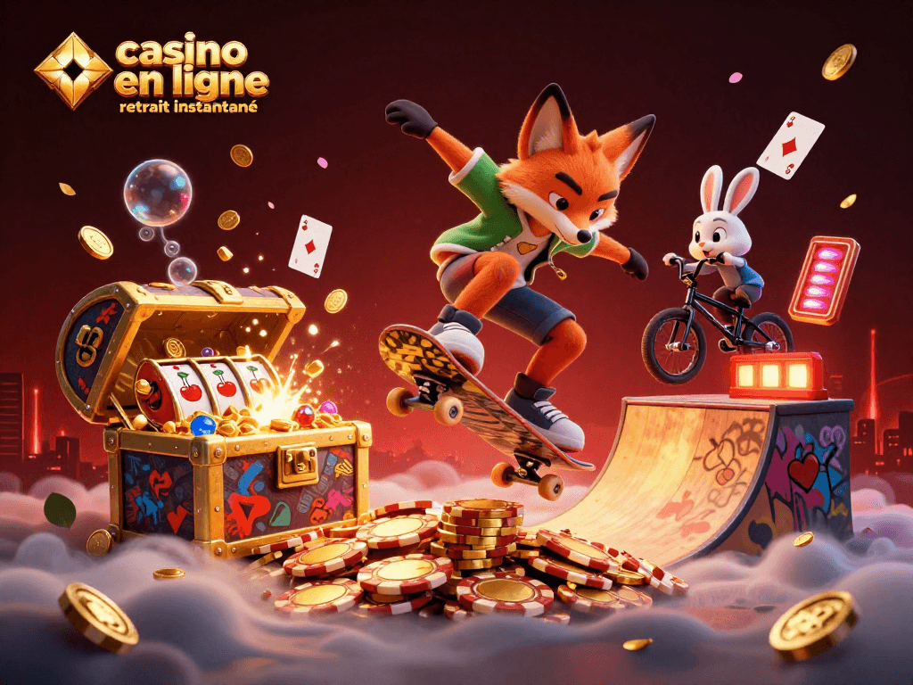 Expérimentez le monde du casino en ligne retrait instantané avec un renard skateur et un lapin BMX.