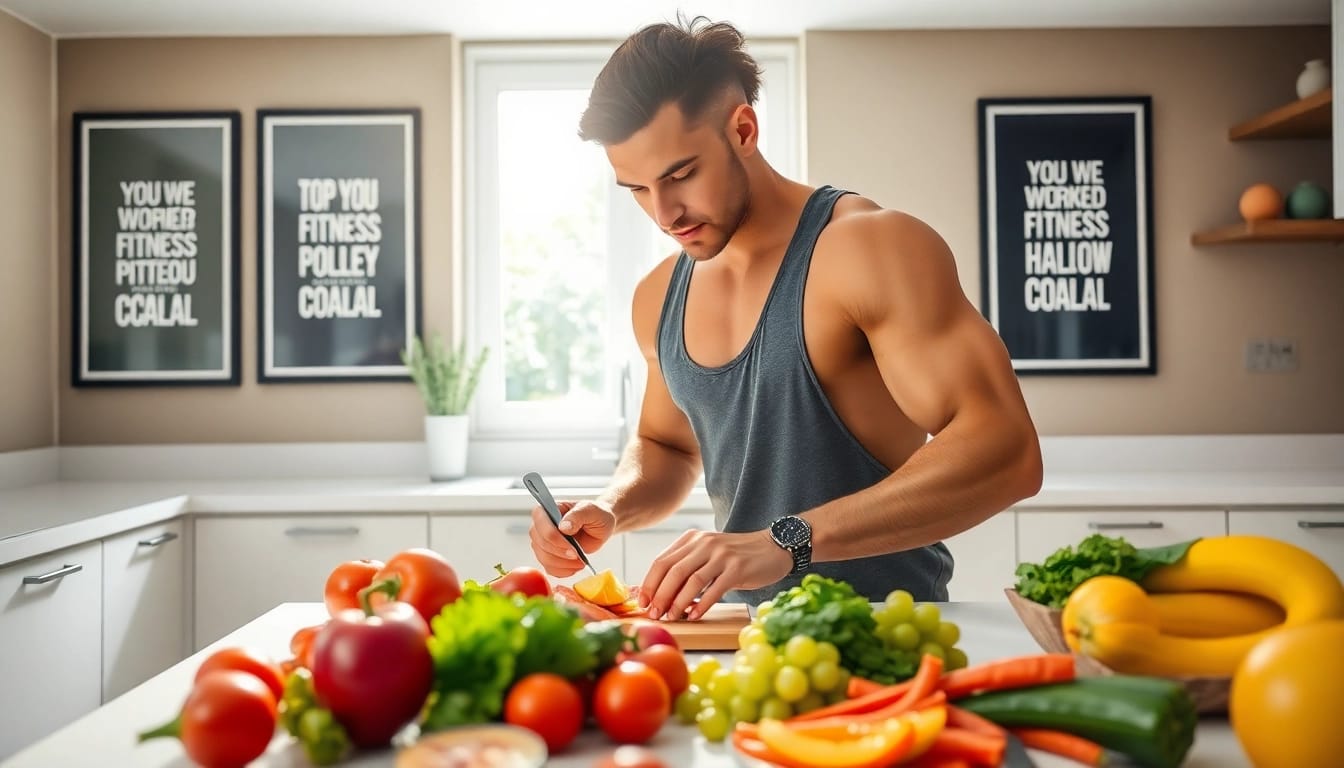 Prepare healthy meals for Fitness and Nutrition with vibrant fruits and vegetables in a bright kitchen.