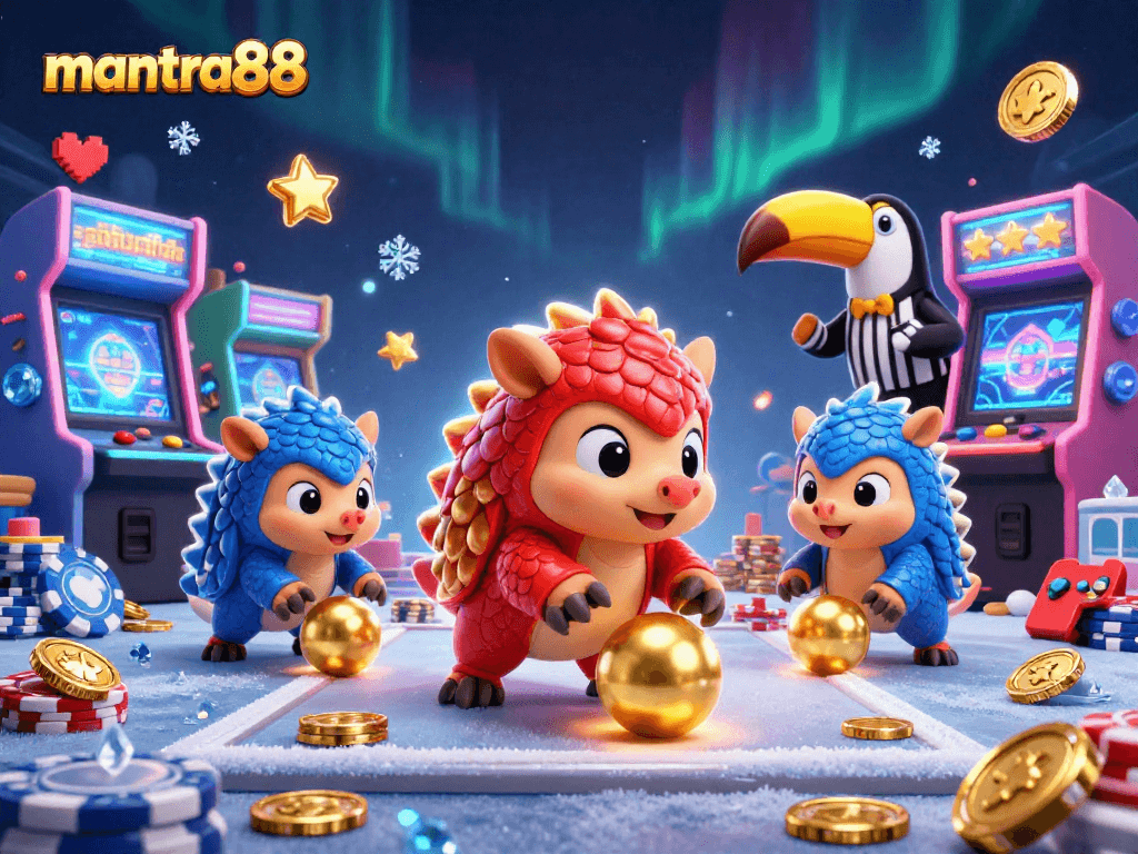 Experience the thrill of mantra88 casino with vibrant pangolins in an action-packed gaming scene.