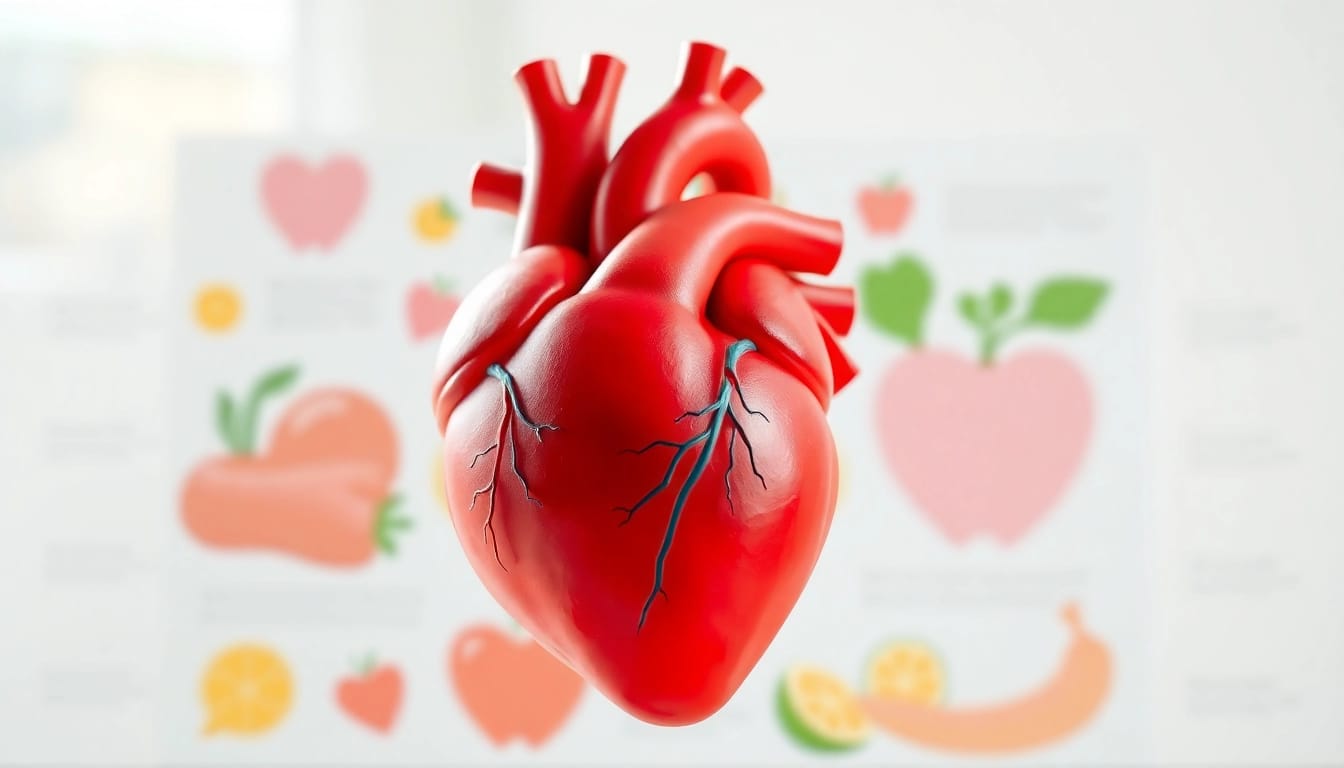 Engaging infographic showcasing Heart Health Tips with heart anatomy and healthy foods.