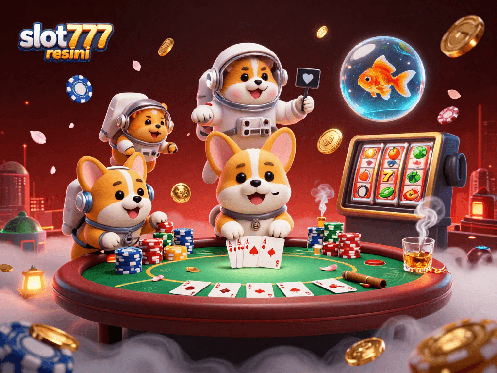 Experience the thrill of slot777 resmi in a vibrant space casino with floating characters.