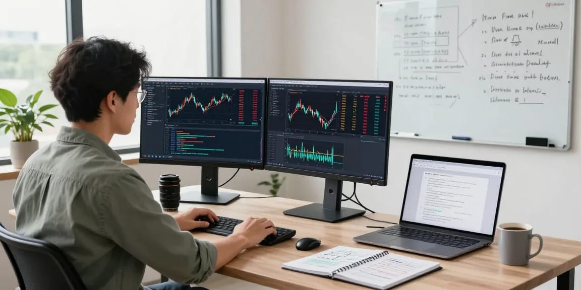 Developer analyzing Singapore stock backtesting API data at a modern workstation, showcasing real-time analytics and stock strategies.