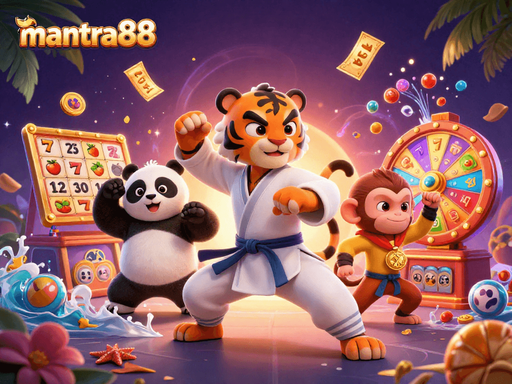 Experience the thrill of mantra88 with the kung fu tiger amidst colorful slot reels and vibrant casino elements.