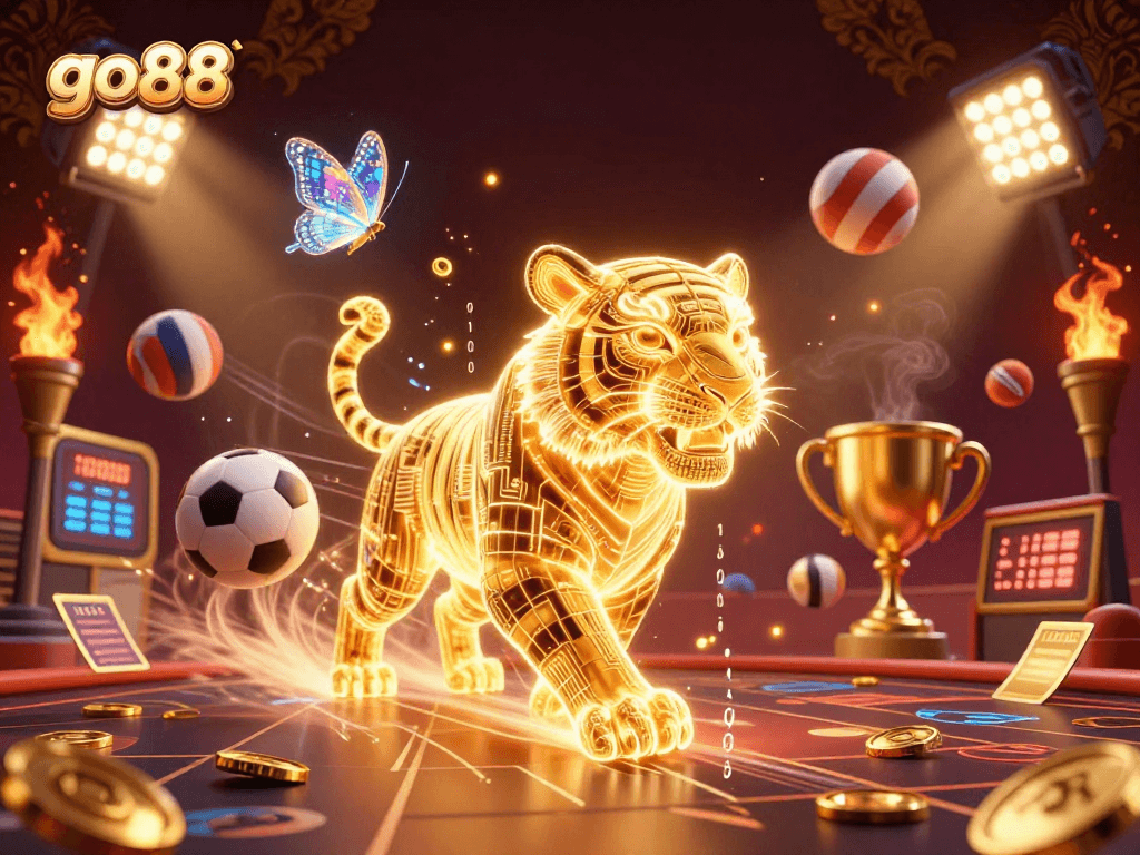 Engage with go88 as a golden tiger prowls through a vibrant digital casino landscape.