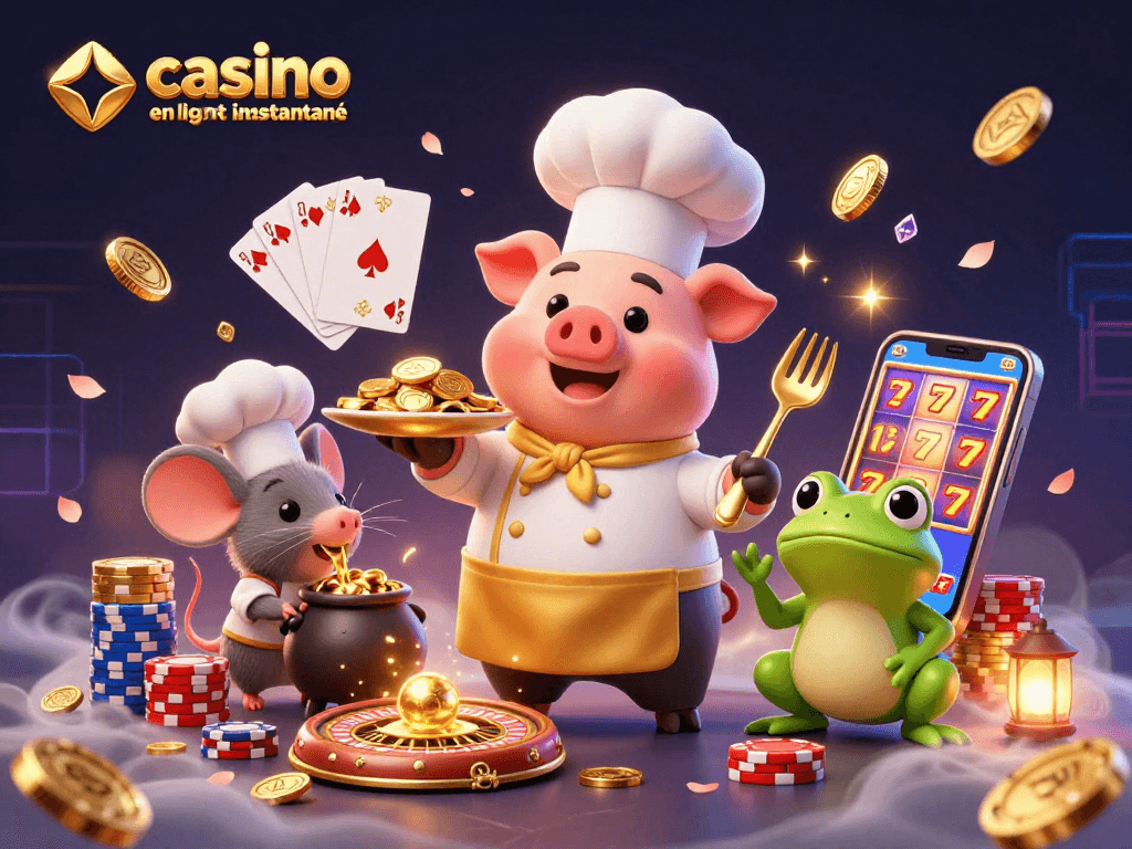 Casino en ligne retrait instantané : ambiance festive avec des personnages amusants servant des pièces d'or