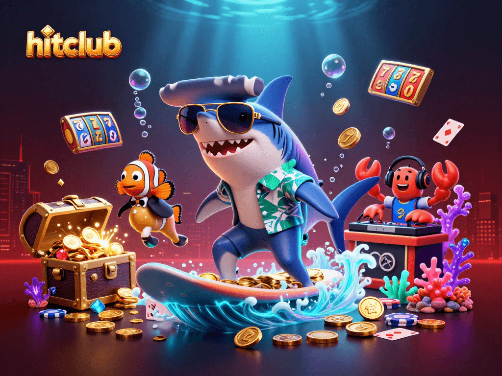 Engage with hitclub's vibrant casino scene featuring 3D characters, gold coins, and slot machines.