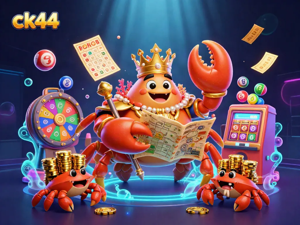 Experience the captivating ck44 gaming scene with a golden crab emperor surrounded by dynamic lottery elements.