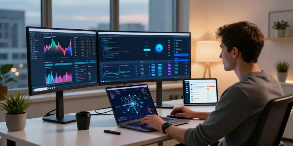 NSE market data API integrated into a professional crypto trading setup with multiple monitors showcasing Bitcoin charts and DeFi applications.