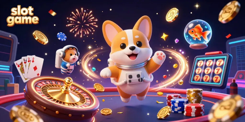 Engage in thrilling slot game action with a vibrant scene featuring a corgi astronaut and casino elements.