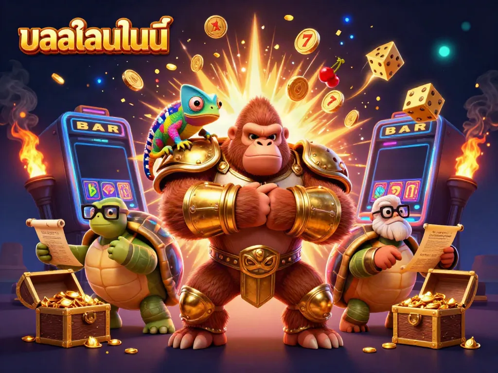 Experience บอลออนไลน์ excitement with a lively scene of gaming characters and vibrant casino elements.