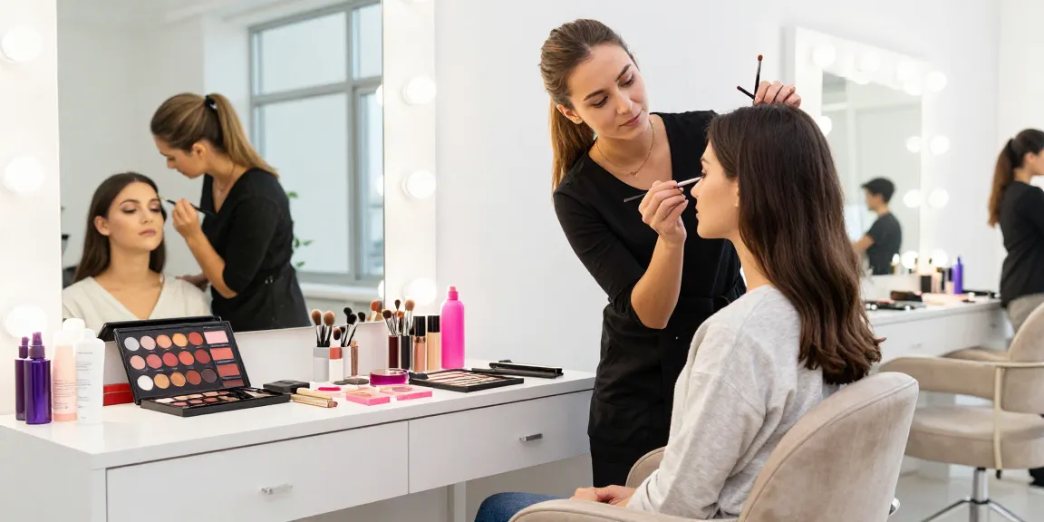 Trucco personalizzato durante una consulenza tra truccatrice e cliente in un salone elegante.