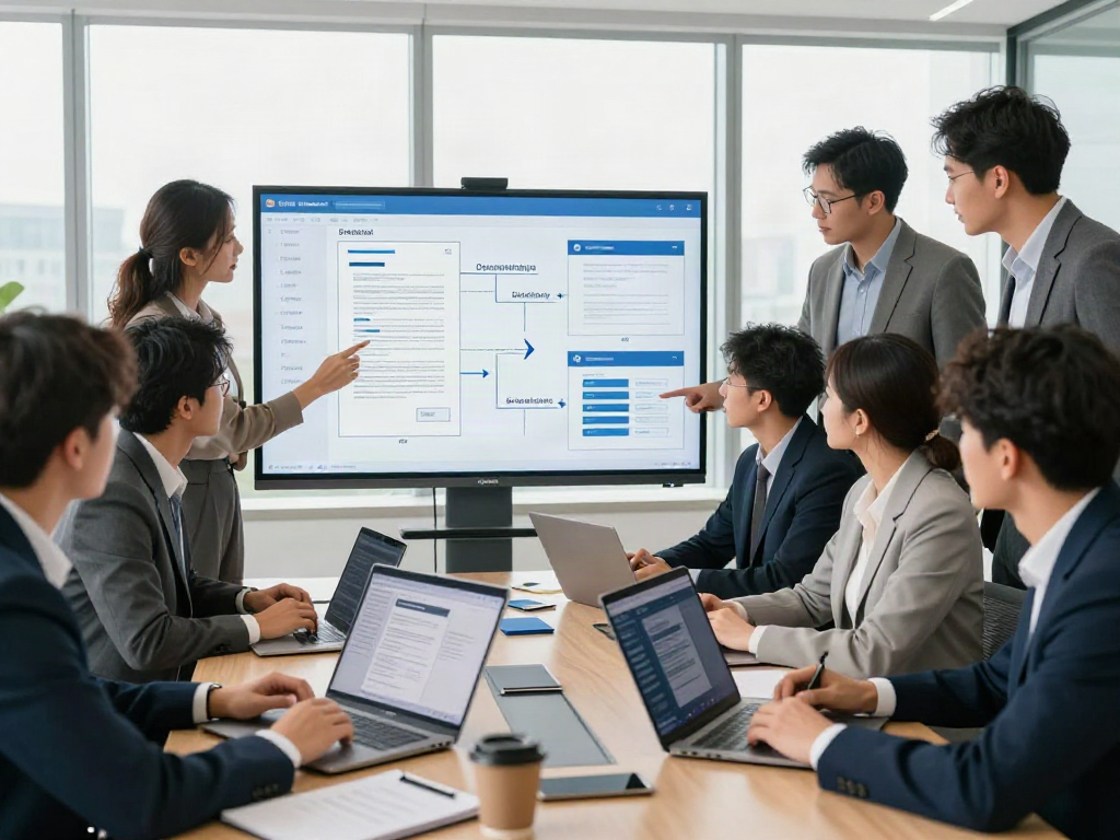 Team collaborating on document fraud detection strategies in a modern office setting with technology.