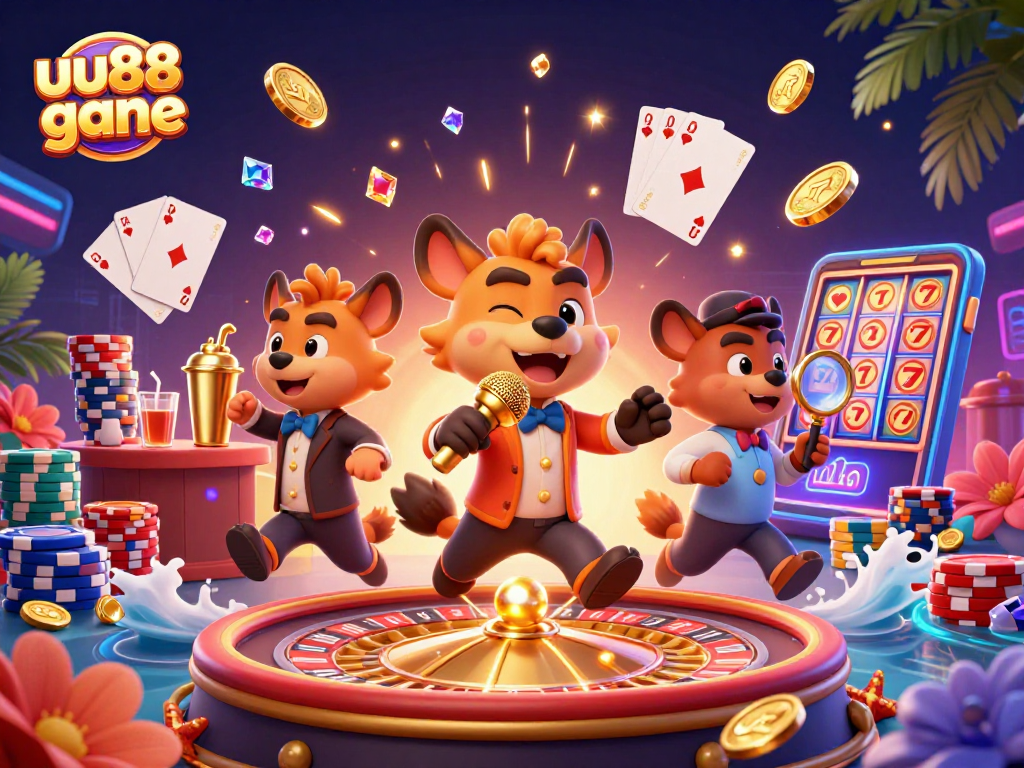 Experience the thrill of uu88 gane at a dynamic comedy casino scene featuring lively hyenas.