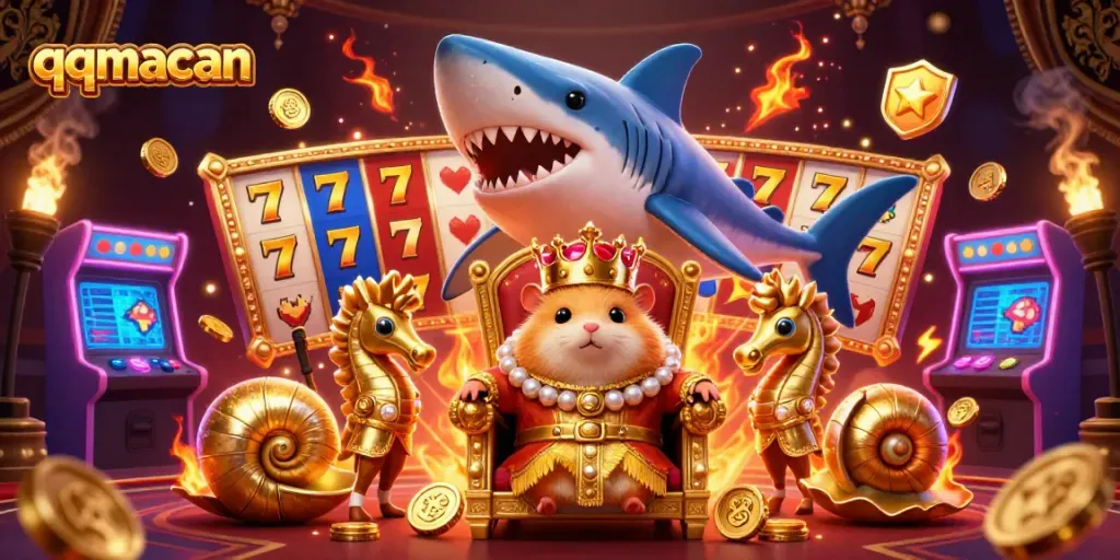 Engage with the thrilling world of qqmacan featuring a hamster king in a casino-themed vibrant scene.