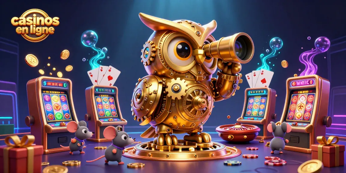 Découvrez les casinos en ligne avec une illustration de hibou en or au milieu des machines à sous.