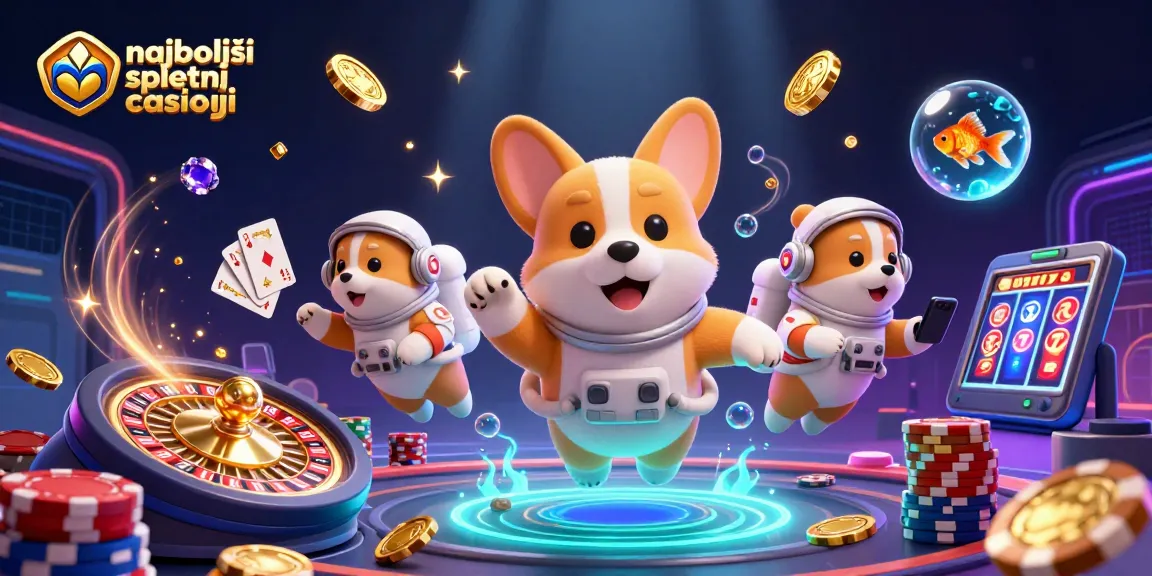 Najboljši spletni casinoji: Prikaz 3D astronautskega corgija v vesolju z igralnimi elementi in žetoni.