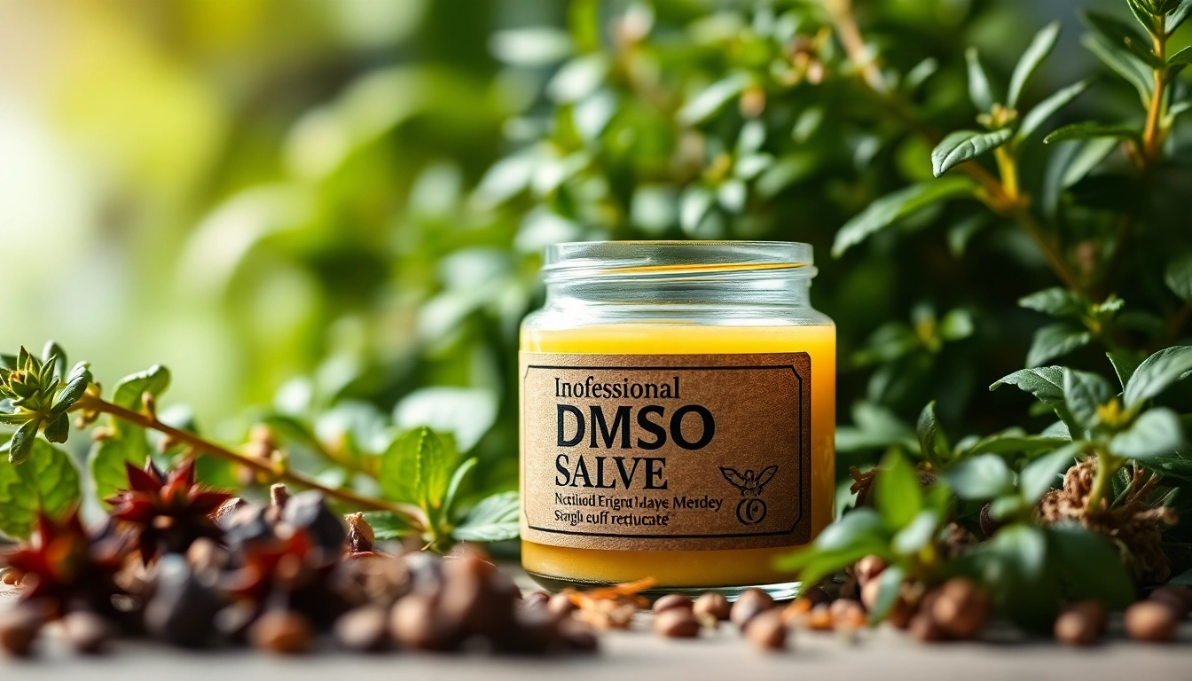 Promote DMSO salve in a natural setting with fresh herbs and bright lighting.