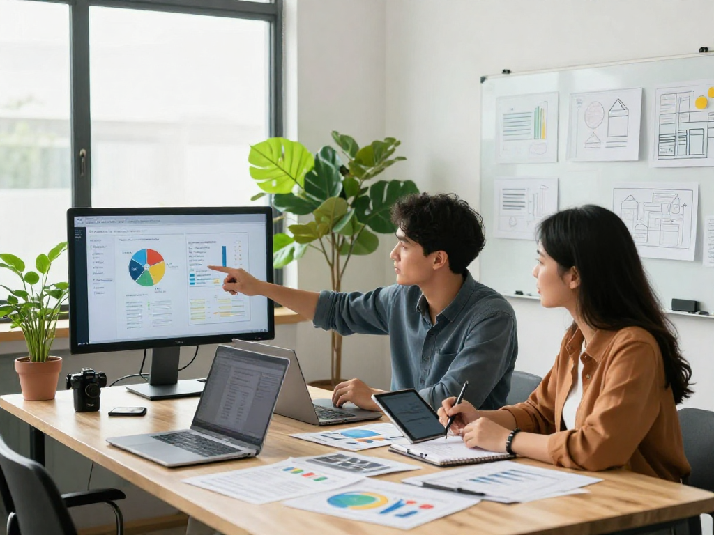 Marketing strategy meeting at a home service marketing agency showcasing analytics for local businesses