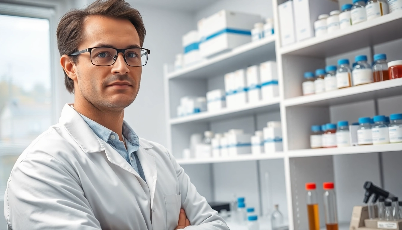 Researcher examining GHK-Cu peptide in a modern laboratory setup with advanced equipment.