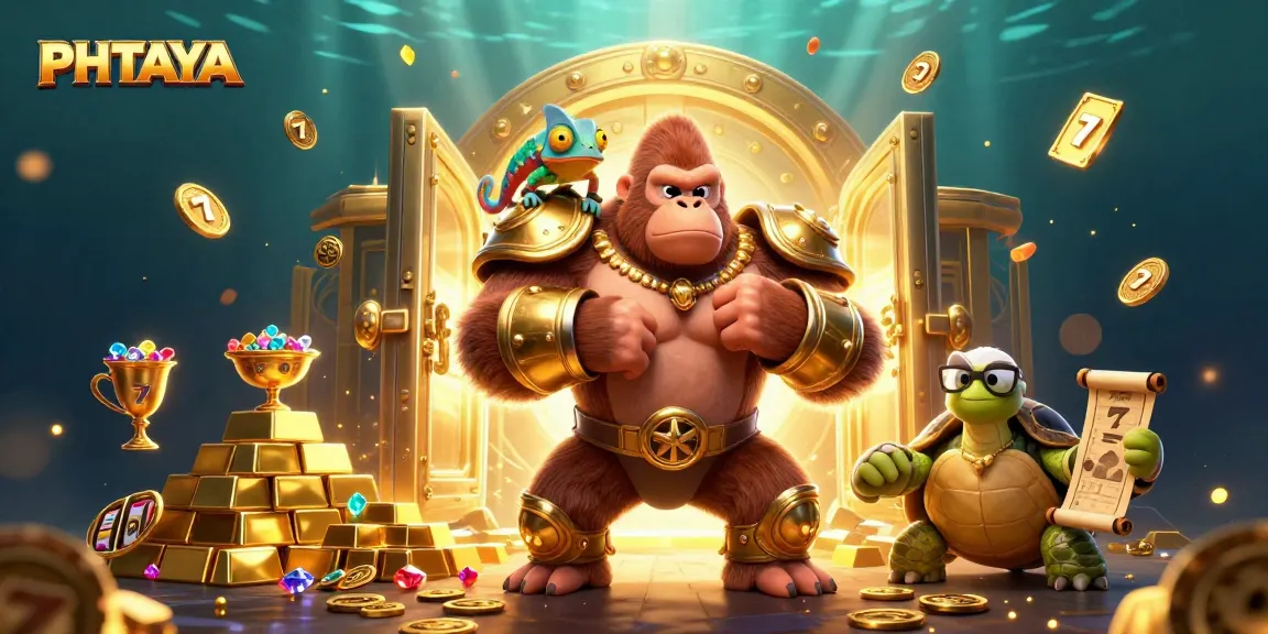 PHTAYA offers thrilling casino games, featuring a vibrant scene with a golden gorilla king and treasures.