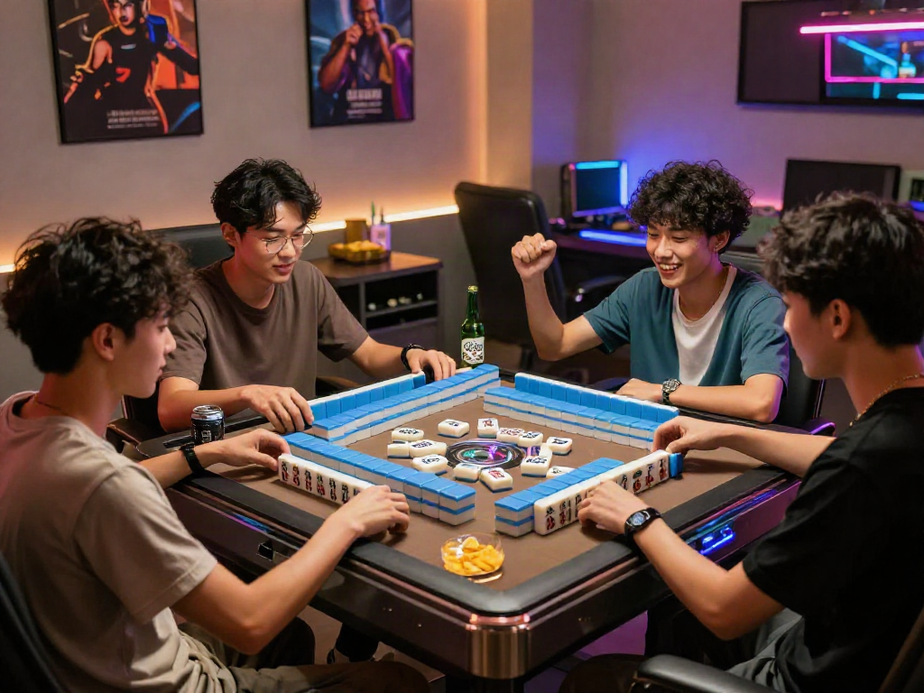Friends enjoying an intense game of MAHJONGJP88 Official in a vibrant gaming room