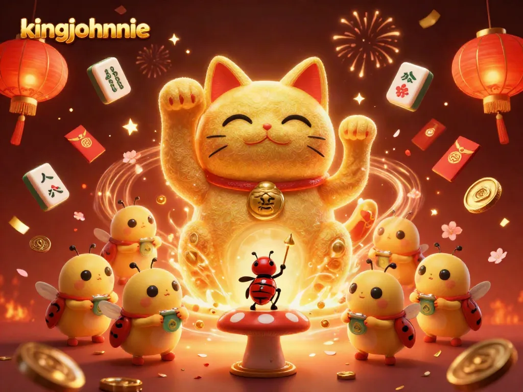 Join the excitement at kingjohnnie, where a giant lucky cat and casino symbols combine in a vibrant celebration.