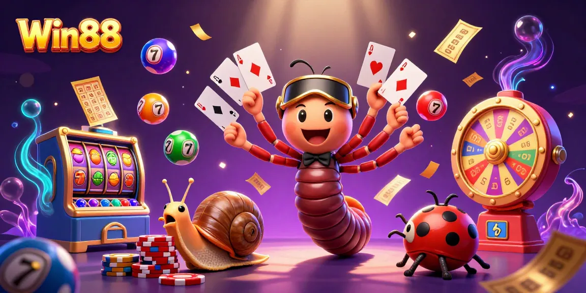 Play exciting games at Win88 with a vibrant casino scene featuring animated characters and dynamic elements.