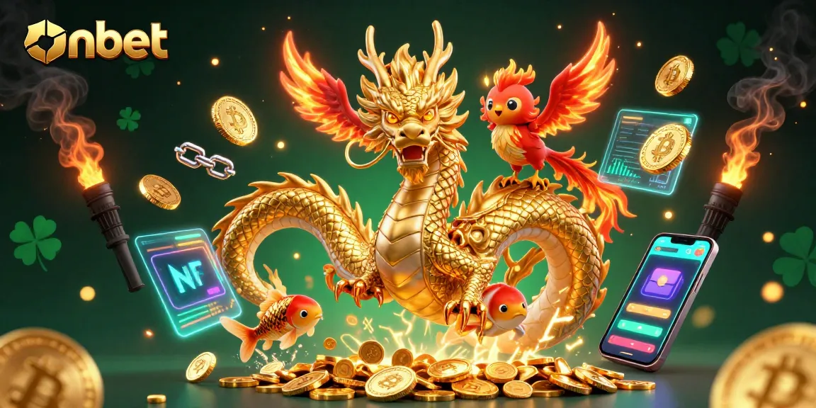 Engage in thrilling gameplay at onbet with stunning visuals of a dragon, phoenix, and koi fish.