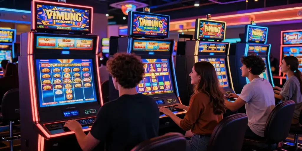 Pengalaman bermain slot777 secara online dengan pemain bersemangat dan mesin slot digital di latar belakang yang berwarna-warni.