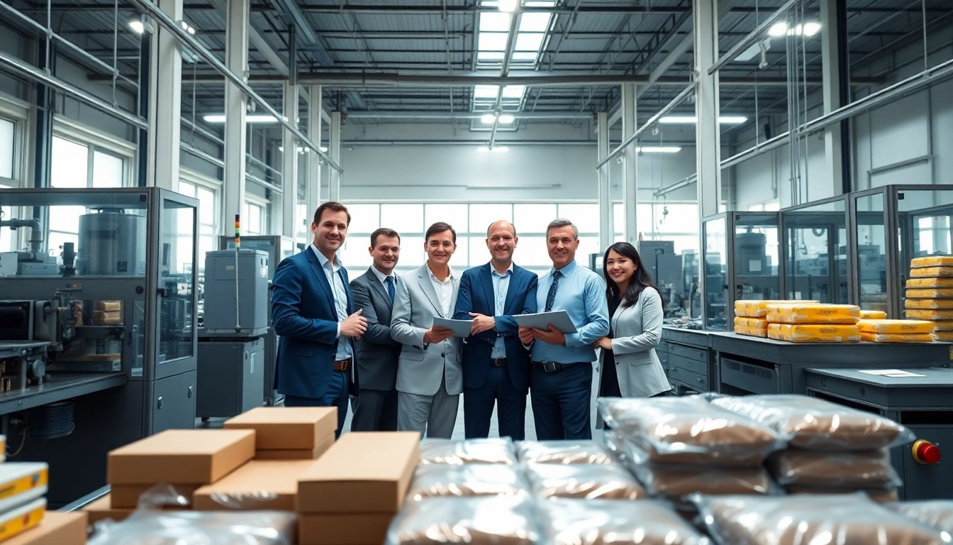 Highlighting Contract Manufacturing Services, a professional team collaborates in a modern, well-equipped manufacturing facility.