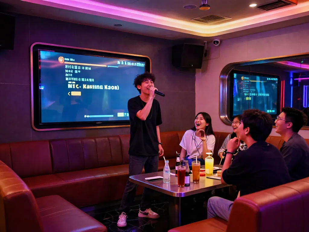 강남 달토에서 즐거운 가라오케 장면으로, 다채로운 조명 속에서 노래하는 모습.