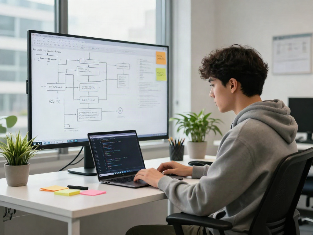 Engineer coding AI applications, crush on ai in a bright workspace with modern tech elements.