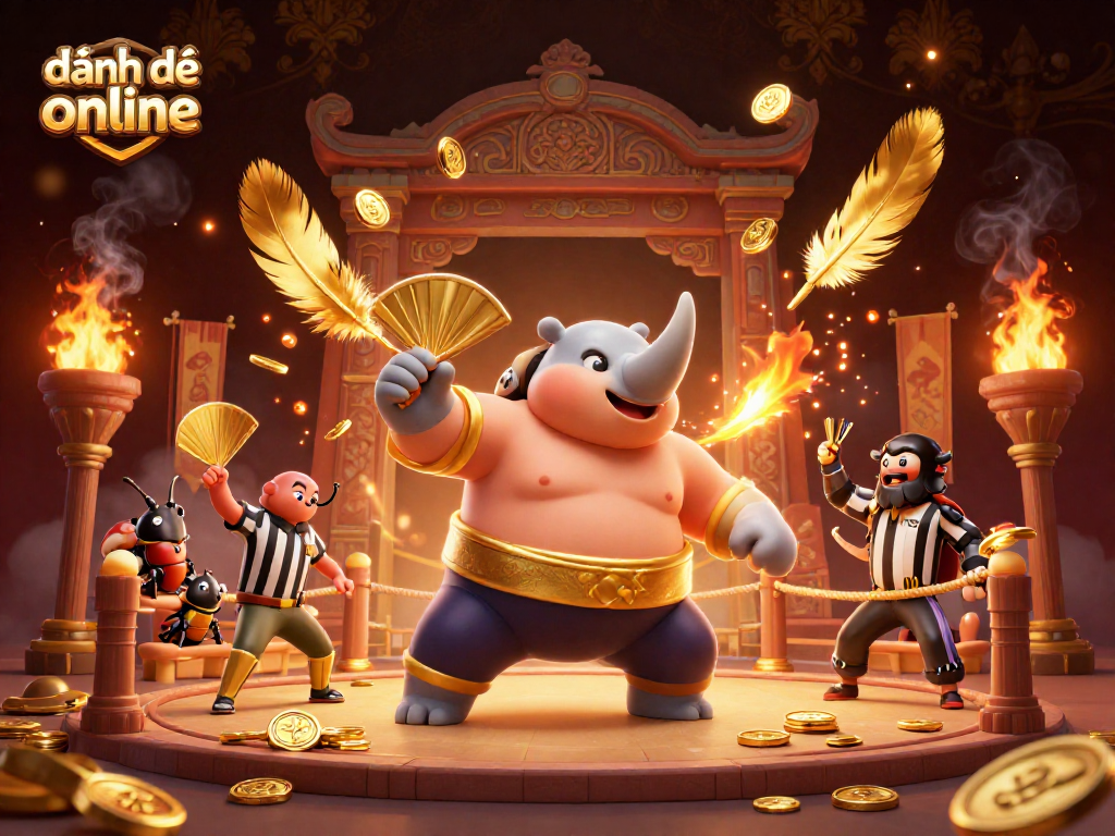 Engage in đánh đề online with a vibrant scene of beetle champions and golden coins in action.
