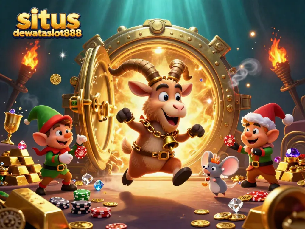Gambarkan absurditas kasino dengan situs dewataslot888, Krampus dan mouse menjaga ketertiban permainan.