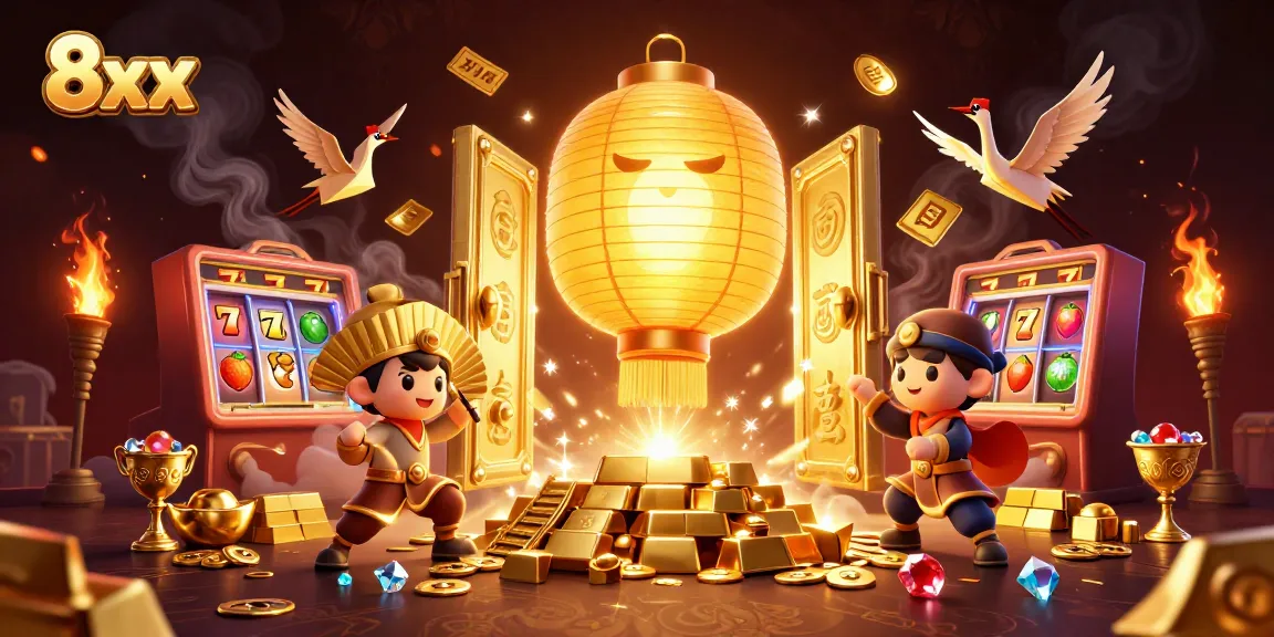 Bet on 8xx with excitement as golden lanterns and vibrant slot elements light up the casino.