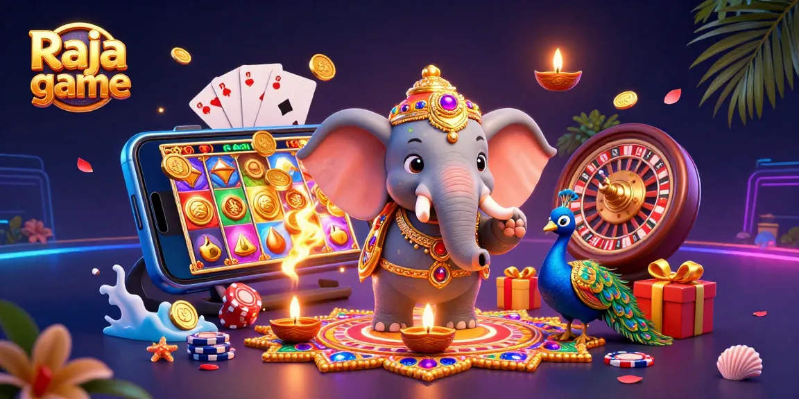 Experience thrilling gameplay with Raja game in this vibrant 3D illustration displaying slots, cards, and festive characters.