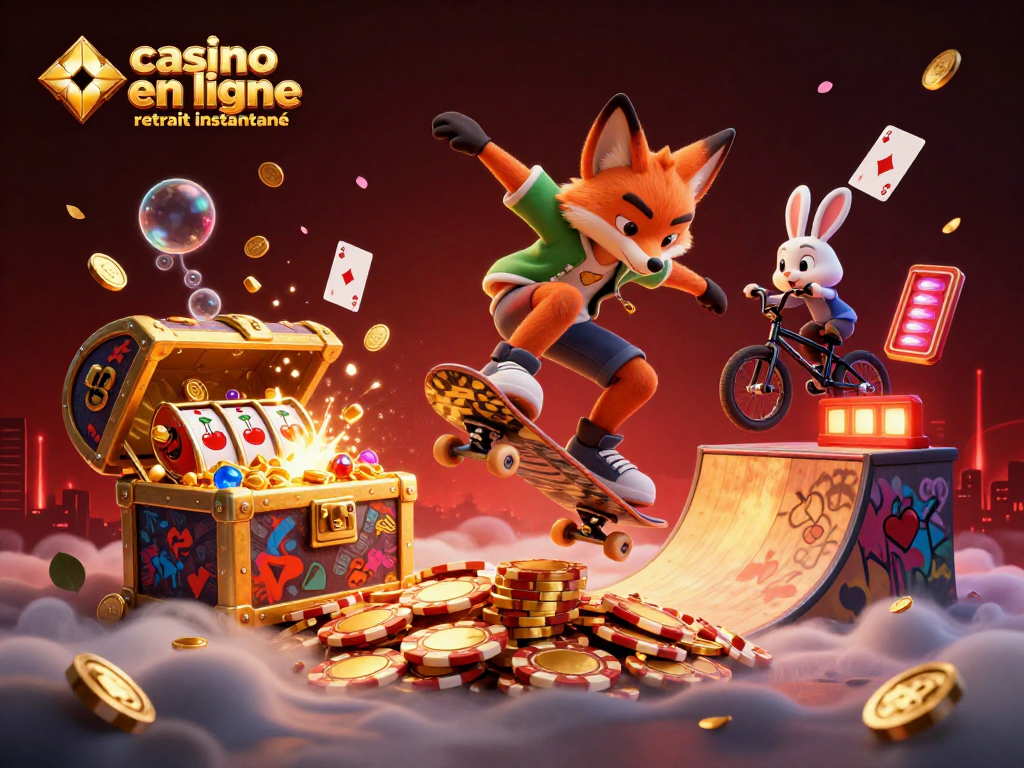Expérimentez le monde du casino en ligne retrait instantané avec un renard skateur et un lapin BMX.