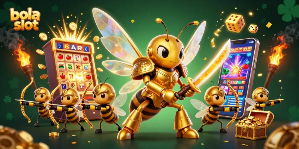 Experience the excitement of bola slot with dynamic 3D illustration of casino elements and vibrant characters.