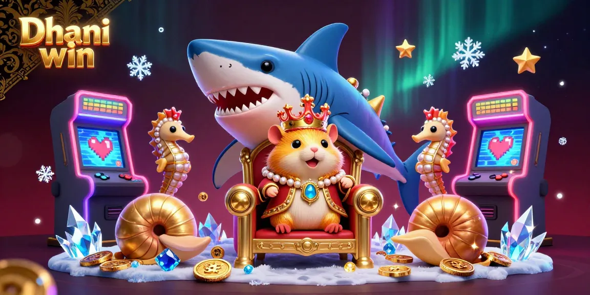 Dhani win platform showcases vibrant gaming with a golden hamster king, arcade machines, and sparkling elements.