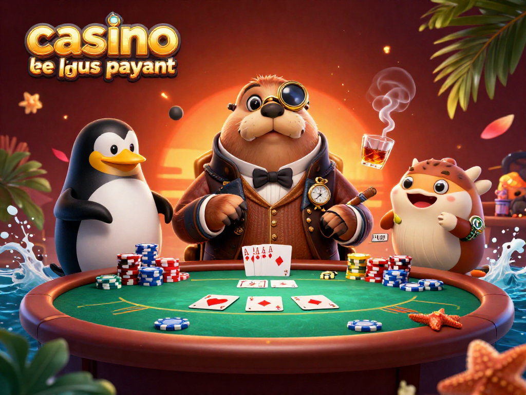 La scène montre un casino en ligne le plus payant avec un phoque joueur, un dealer pingouin et un poisson-globe bluffant.