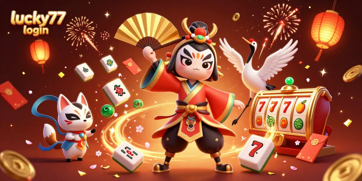 Spin and win with lucky77 login, featuring vibrant slot reels and festive elements in 3D.