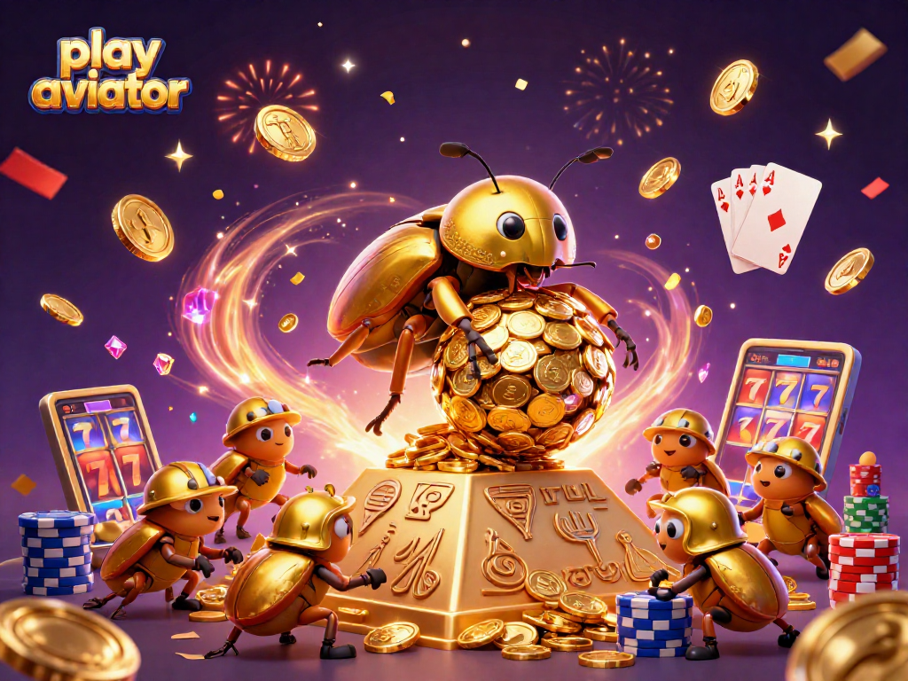 Play Aviator with a golden beetle rolling coins, vibrant casino elements all around.