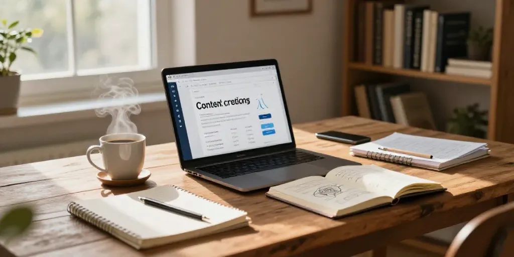 AI content creation for bloggers in a cozy home office with natural light.