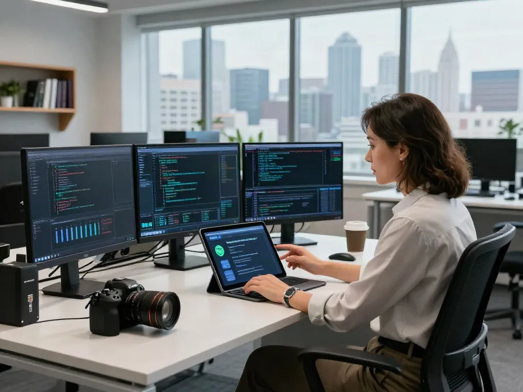 Cybersecurity expert analyzing deepfake protected online video calls in a modern tech office.