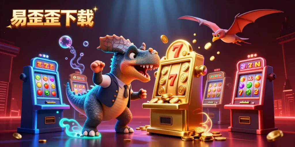 Experience the excitement of 易歪歪下载 with a dinosaur hitting a jackpot in a vibrant casino scene.