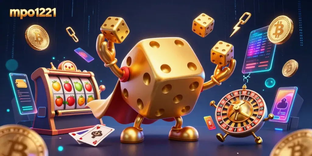 Engage with the dynamic mpo1221 scene featuring a golden dice golem, vibrant slot reels, and crypto elements.