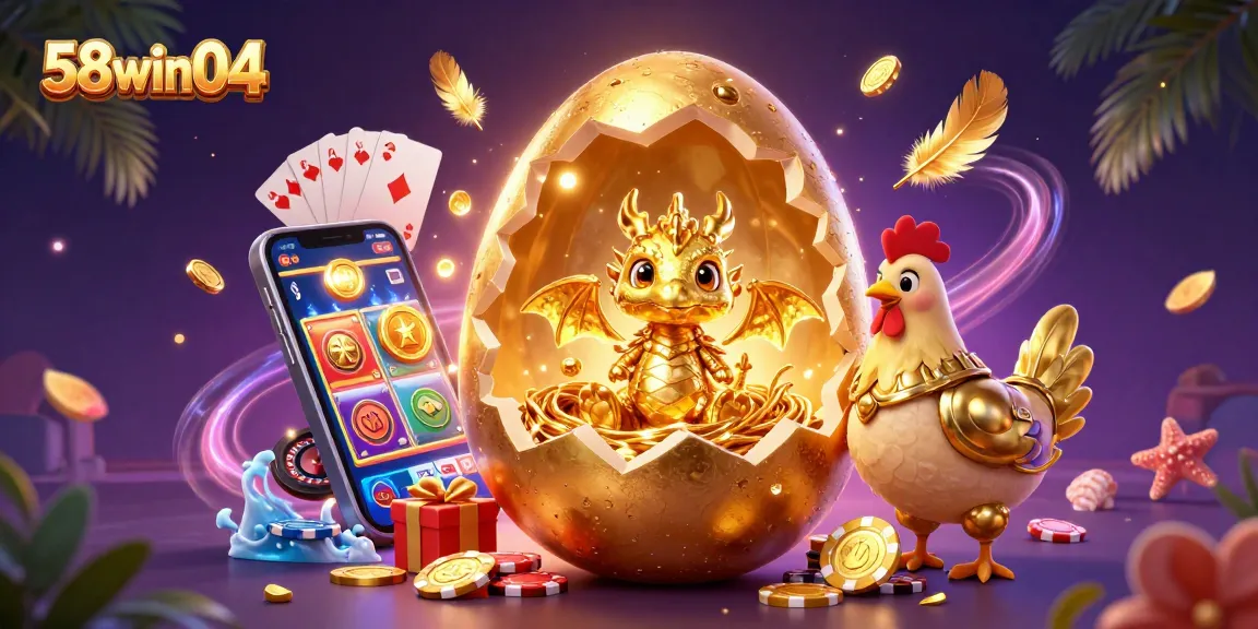 Play exciting games at 58win04 with a golden egg and dragon emerging from poker chips.